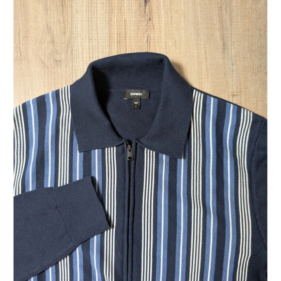 Express Size S Full Zip Cardigan Sweater Blue Striped Polo Collar Mod Retro EUC - Picture 3 of 11